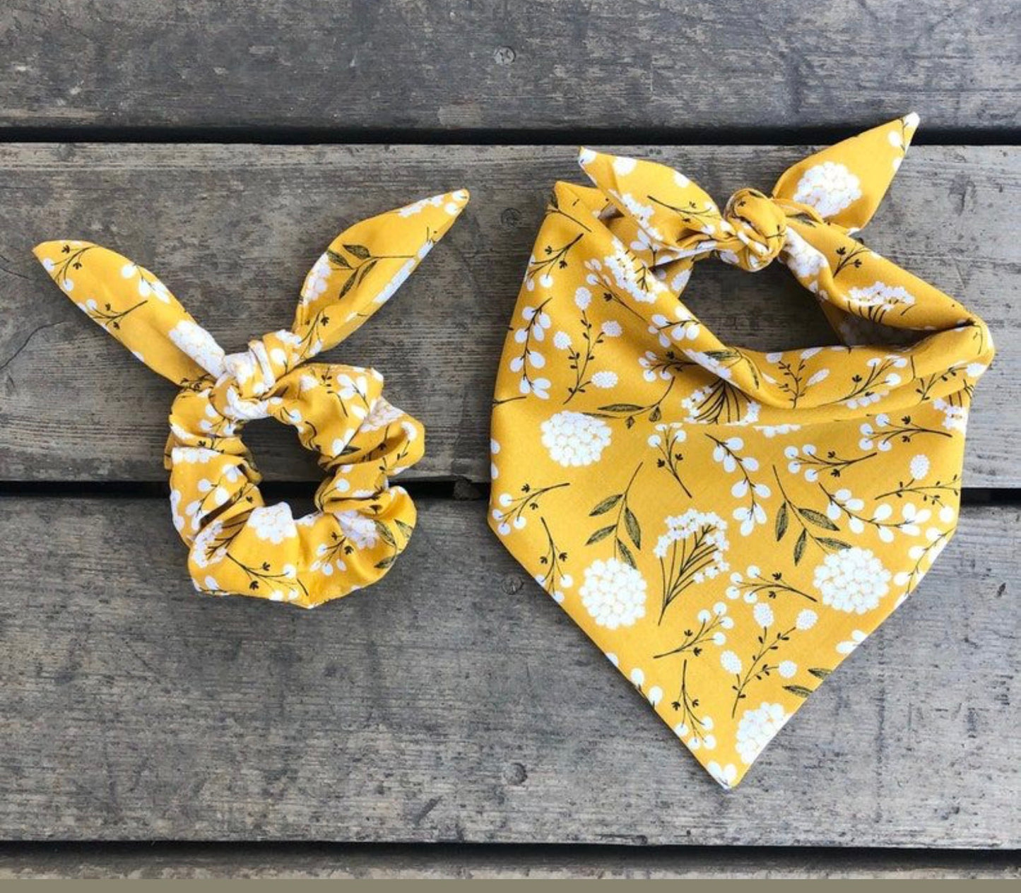 Yellow floral scrunchie and bandana set on a wooden surface example of sewing workshop