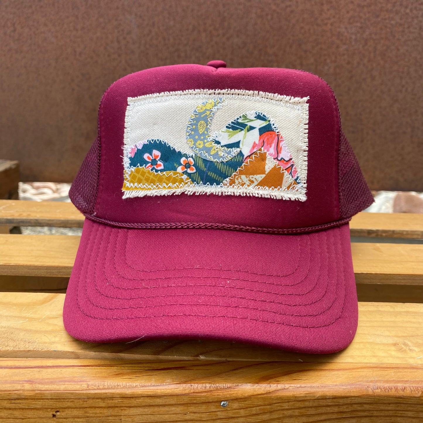 Burgundy Trucker Hat - Moon Mountain Scene