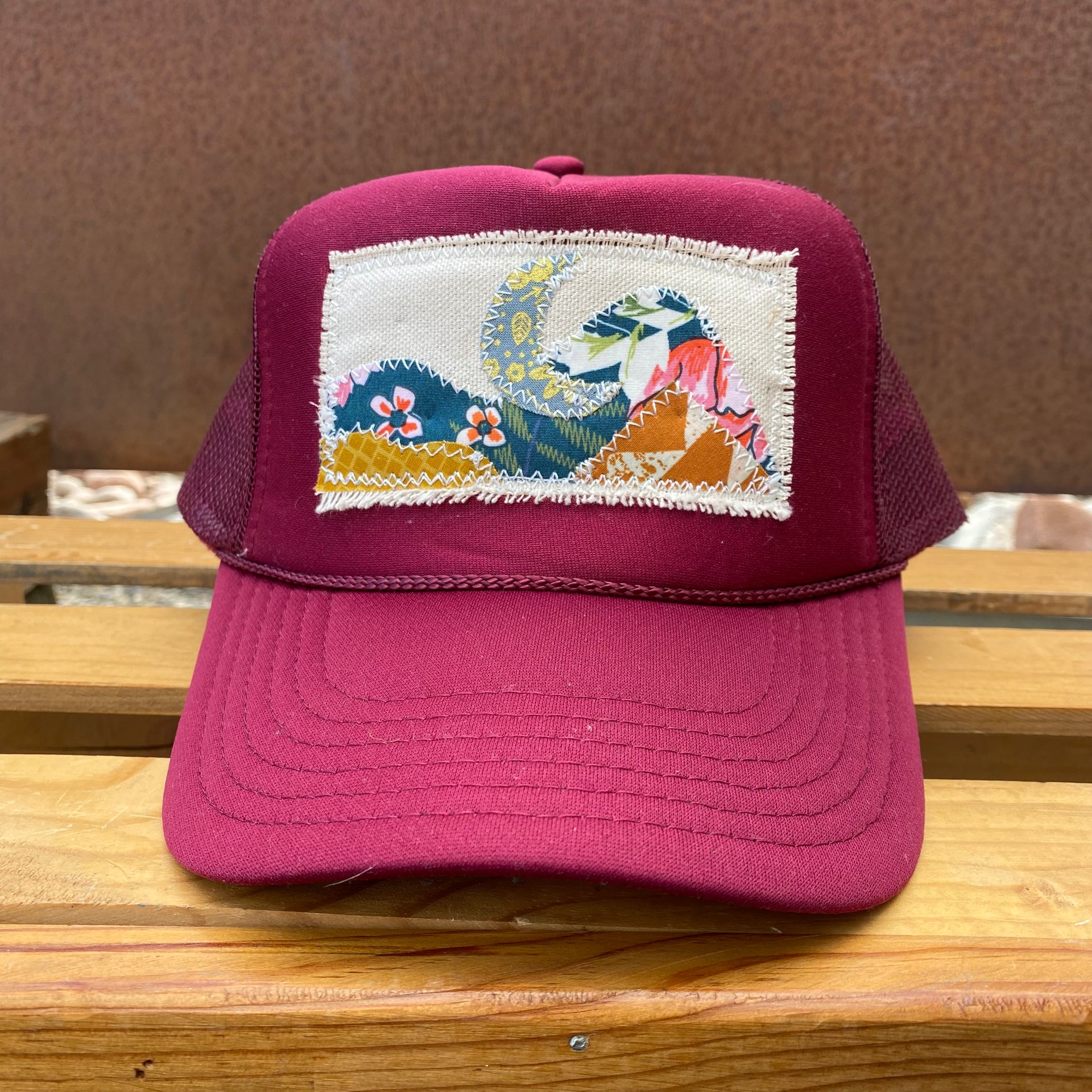 Burgundy Trucker Hat - Moon Mountain Scene – Simple Art Studio