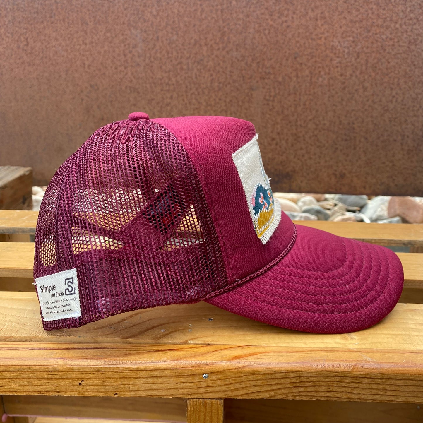 Burgundy Trucker Hat - Moon Mountain Scene