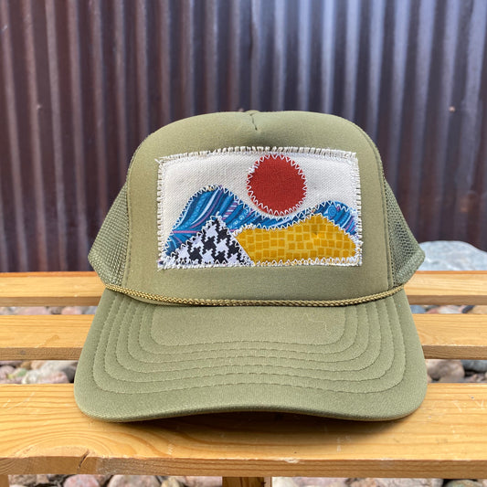 Olive Green Trucker Hat - Mountain Scene